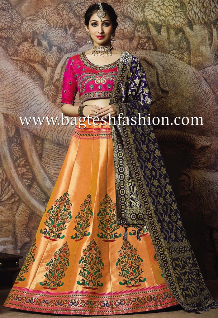 Orange Jacquard Silk Designer Bridal Lehenga