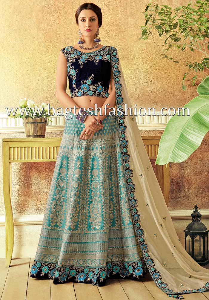 Gorgeous Jacquard Silk Turquoise Lehenga Dress