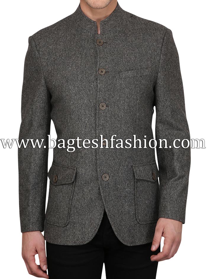 Classic Dark Gray Wool Banded Collar Coat