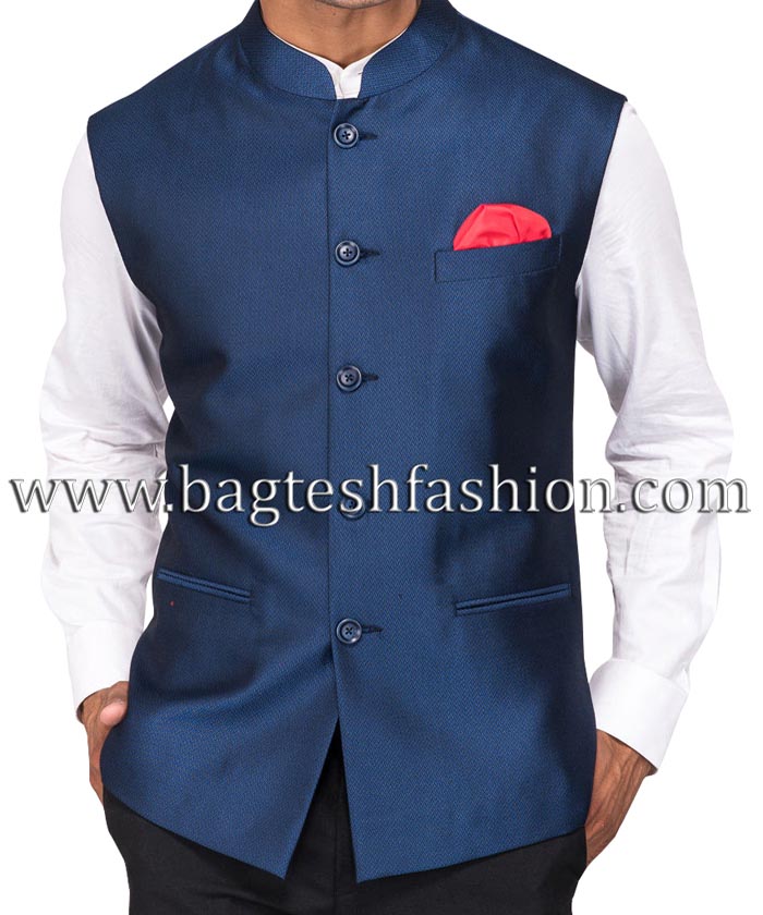 Men Steel Blue Luxury Nehru Jacket