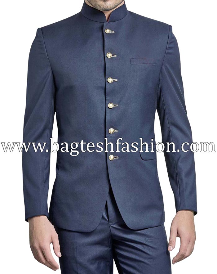 Mandarin Collar Navy Blue Jodhpuri Suit