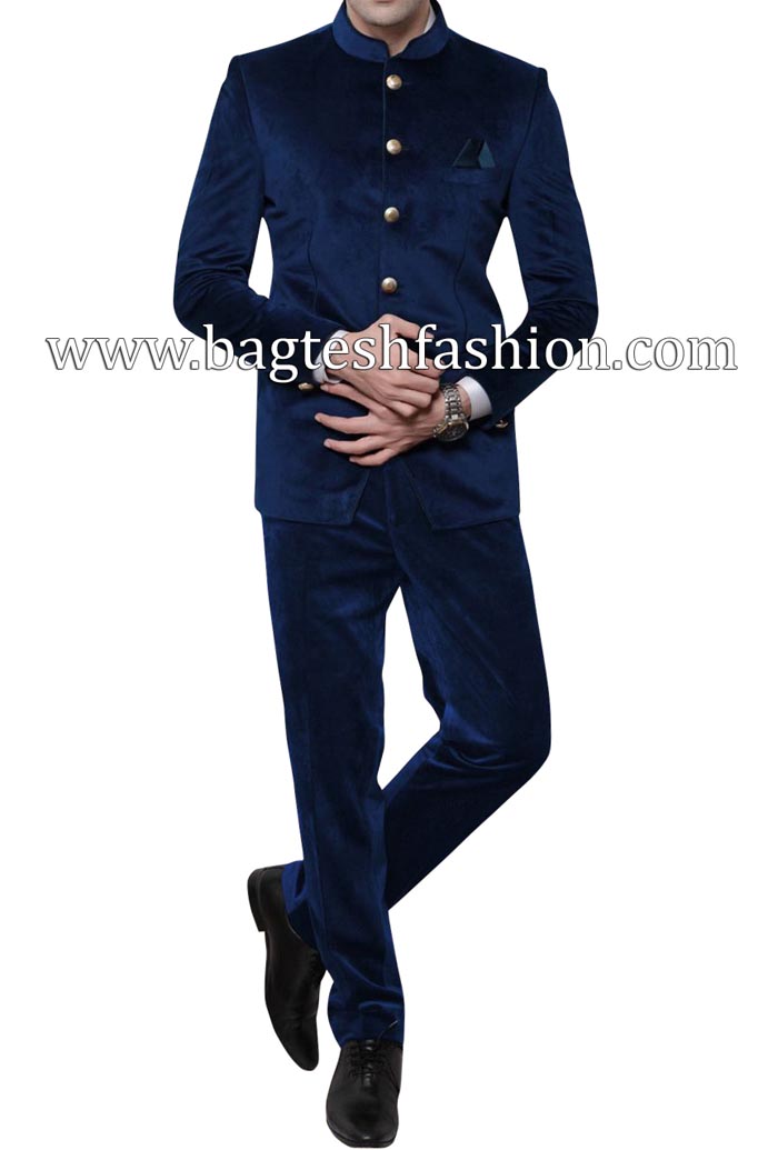 Navy Blue Velvet Party Wear Jodhpuri Suit