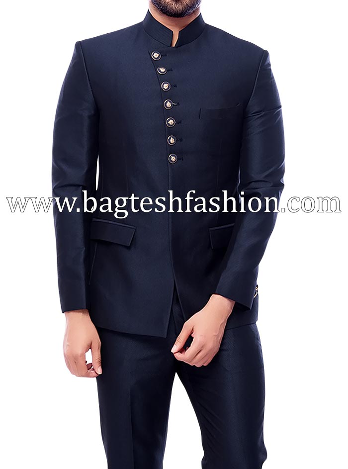 Woven Terry Rayon Jacquard Jodhpuri Suit in Navy Blue : MHG2151