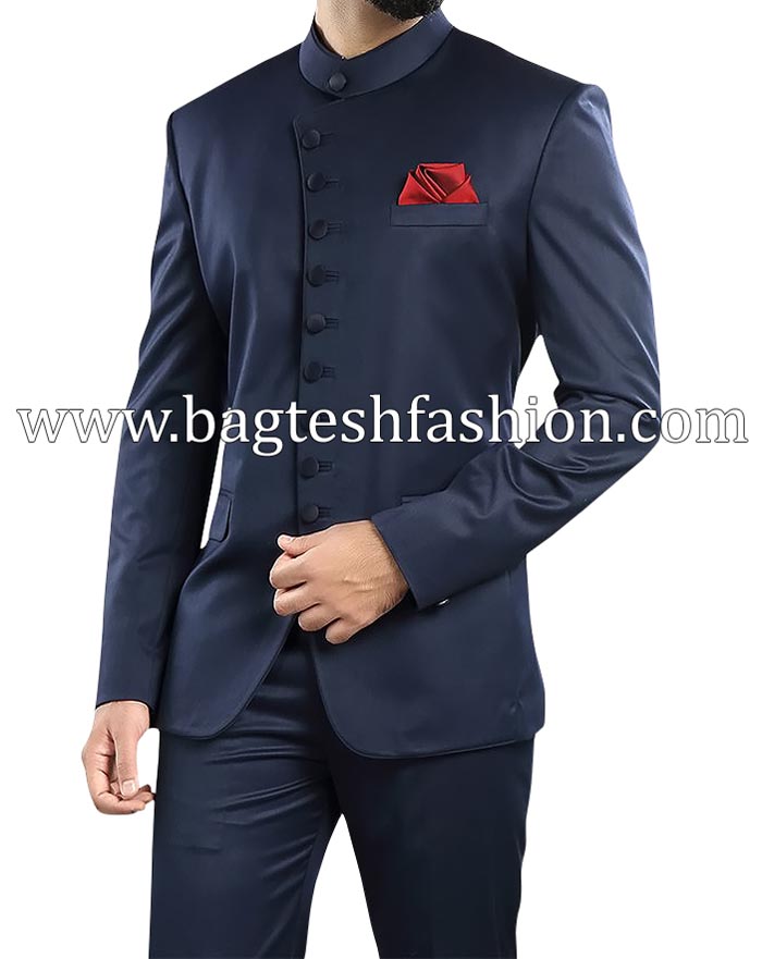 Partywear Steel Blue Nehru Collar Suit