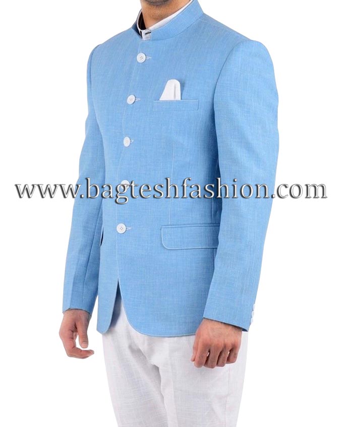 SAMMOHAN CEREMONIAL Solid Bandhgala With Pant | Blue, Full, Terry Rayon,  Mandarin Collar, Full | Types of sleeves, Aza fashion, Mandarin collar