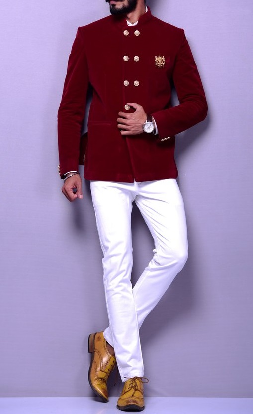 Classic Red Velvet Jacket White Pant Suit Online