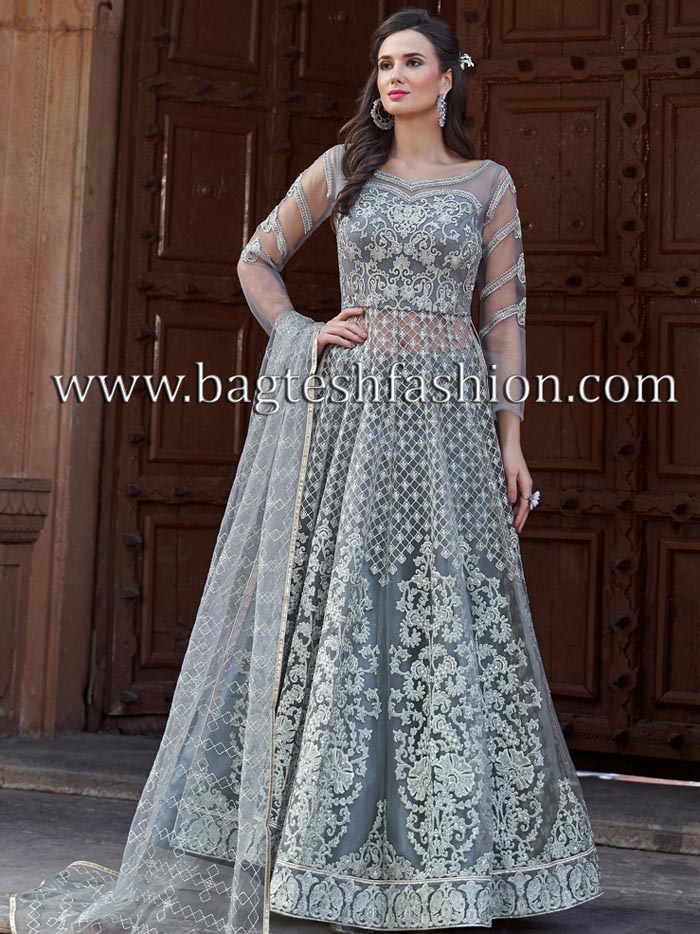 Grey And Wine Soft Net Gown For Wedding