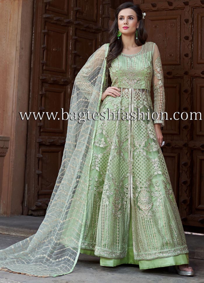 Party Wear Green Net Anarkali Frocks Suits