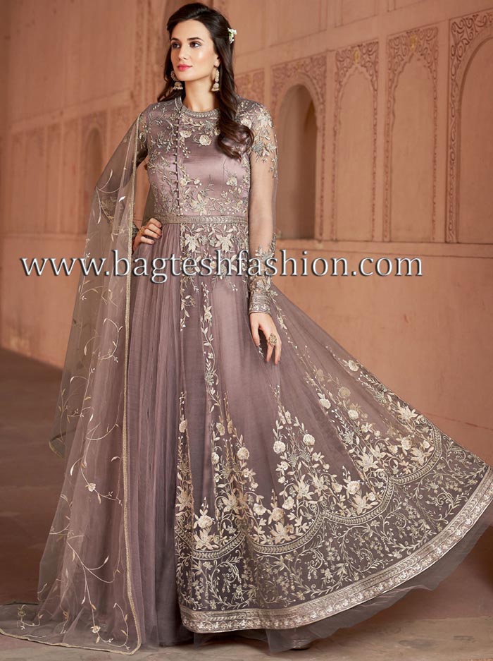 Purple Gray Net Occasional Wear Anarkali Gowns