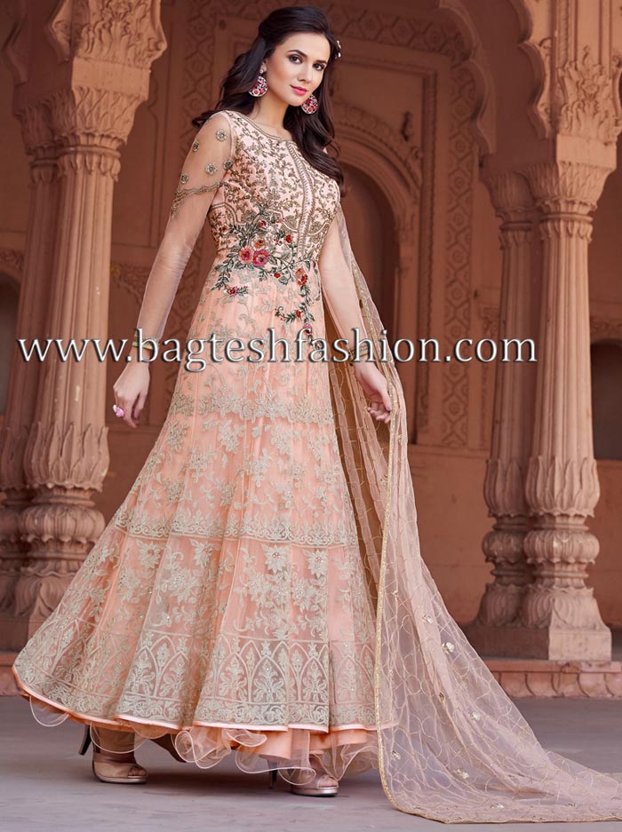 Occasional Pink Net Embroidery Anarkali Dress