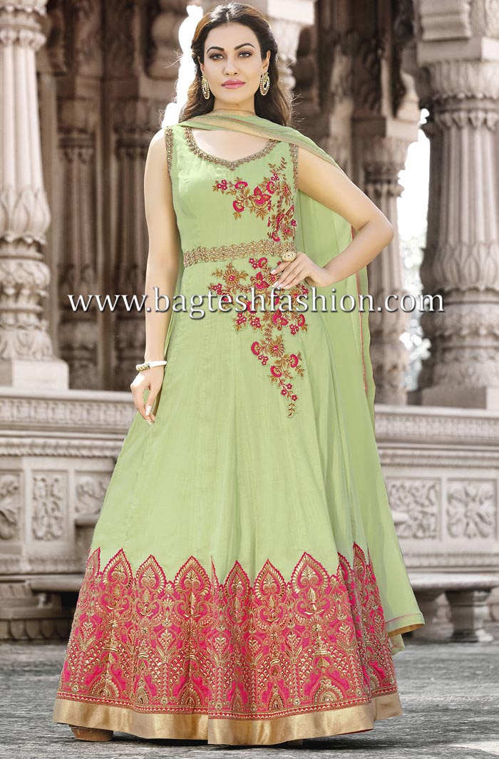 Exclusive Green Art Silk Abaya Style Kameez