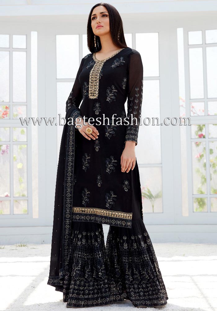 Buy Desirable Black Cotton Embroidered Work Plazo Suits With Printed  Dupatta at best price - Gitanjali Fashions