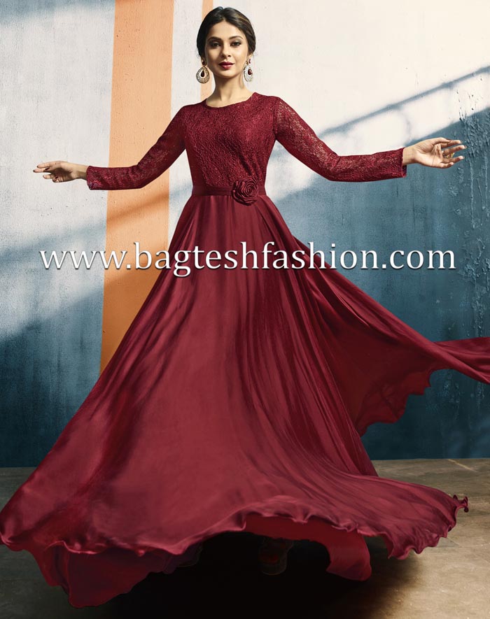 Awesome Red Art Silk Embroidered Gown