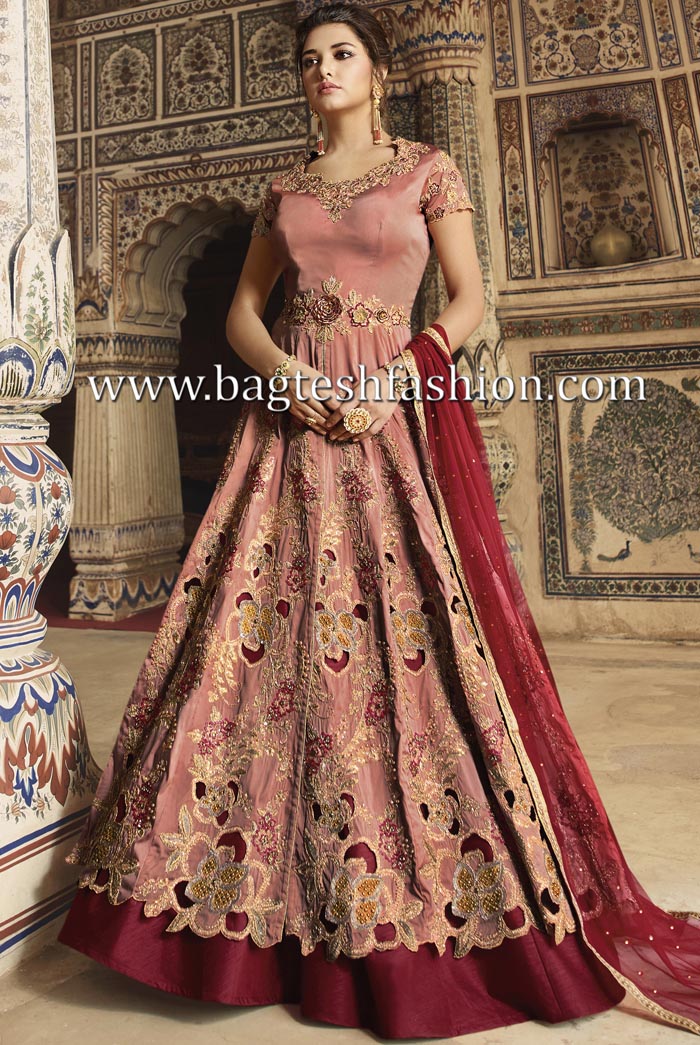 Peach And Maroon Silk Embroidered Anarkali Suit