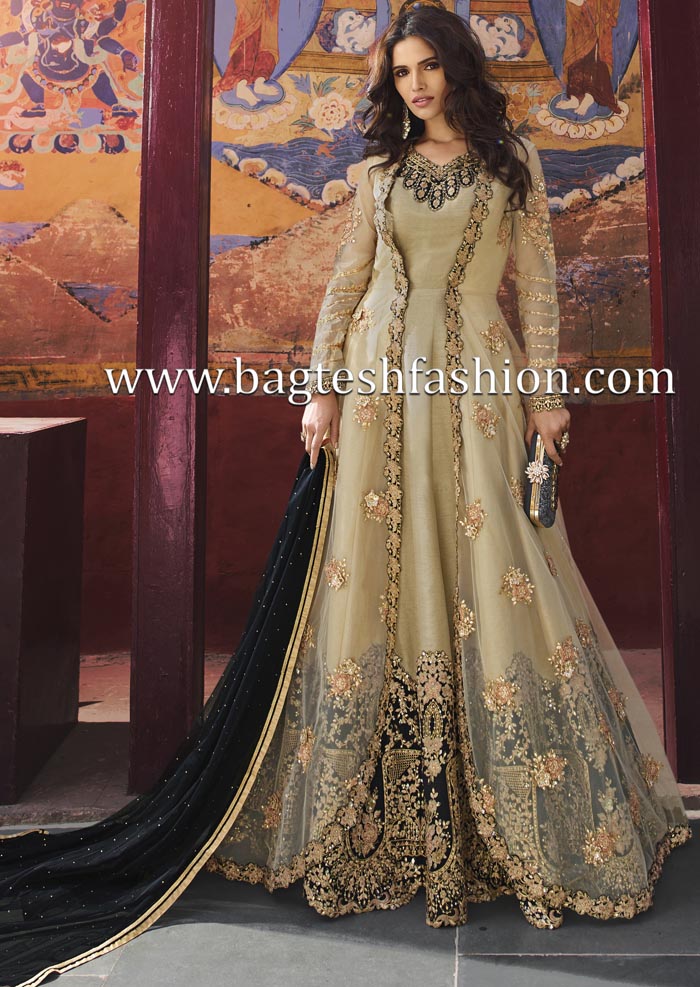 Silk and Net Beige Anarkali Style Suits