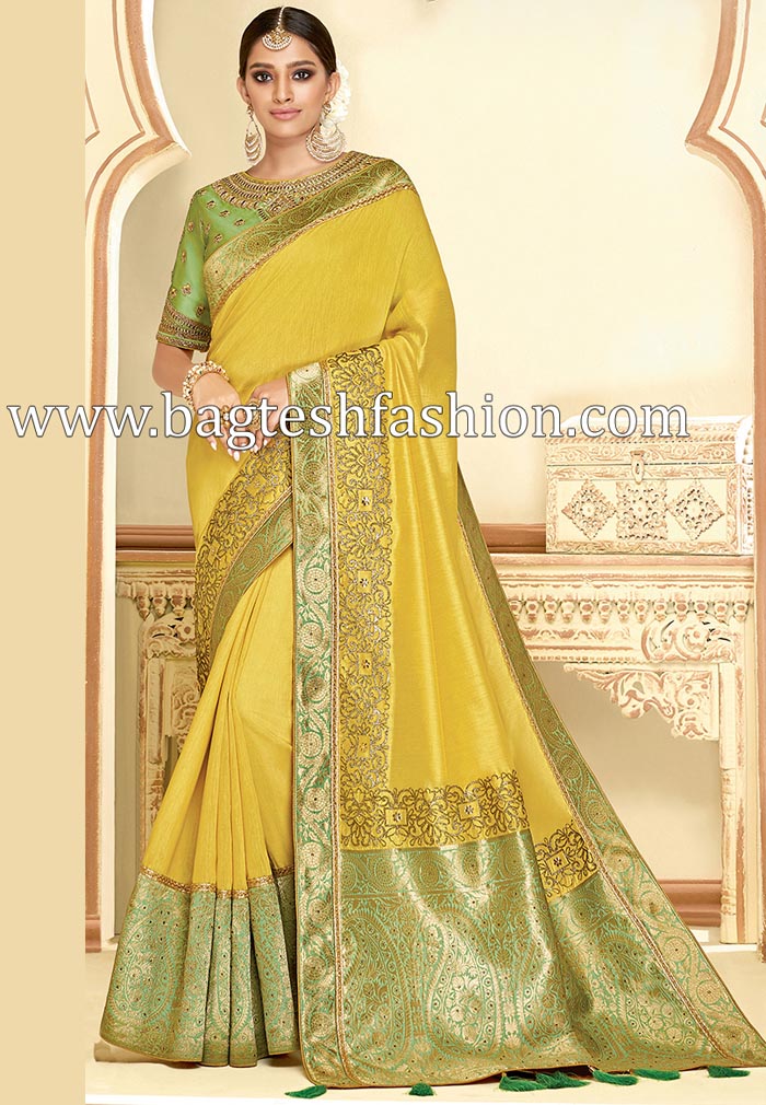 Beautiful Satin Silk Yellow Bridal Saree