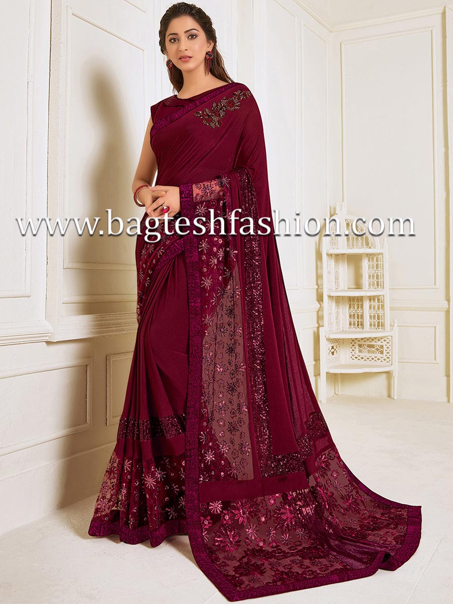 Ethnic Lycra Maroon Bridal Saree Online | Bagtesh Fashion