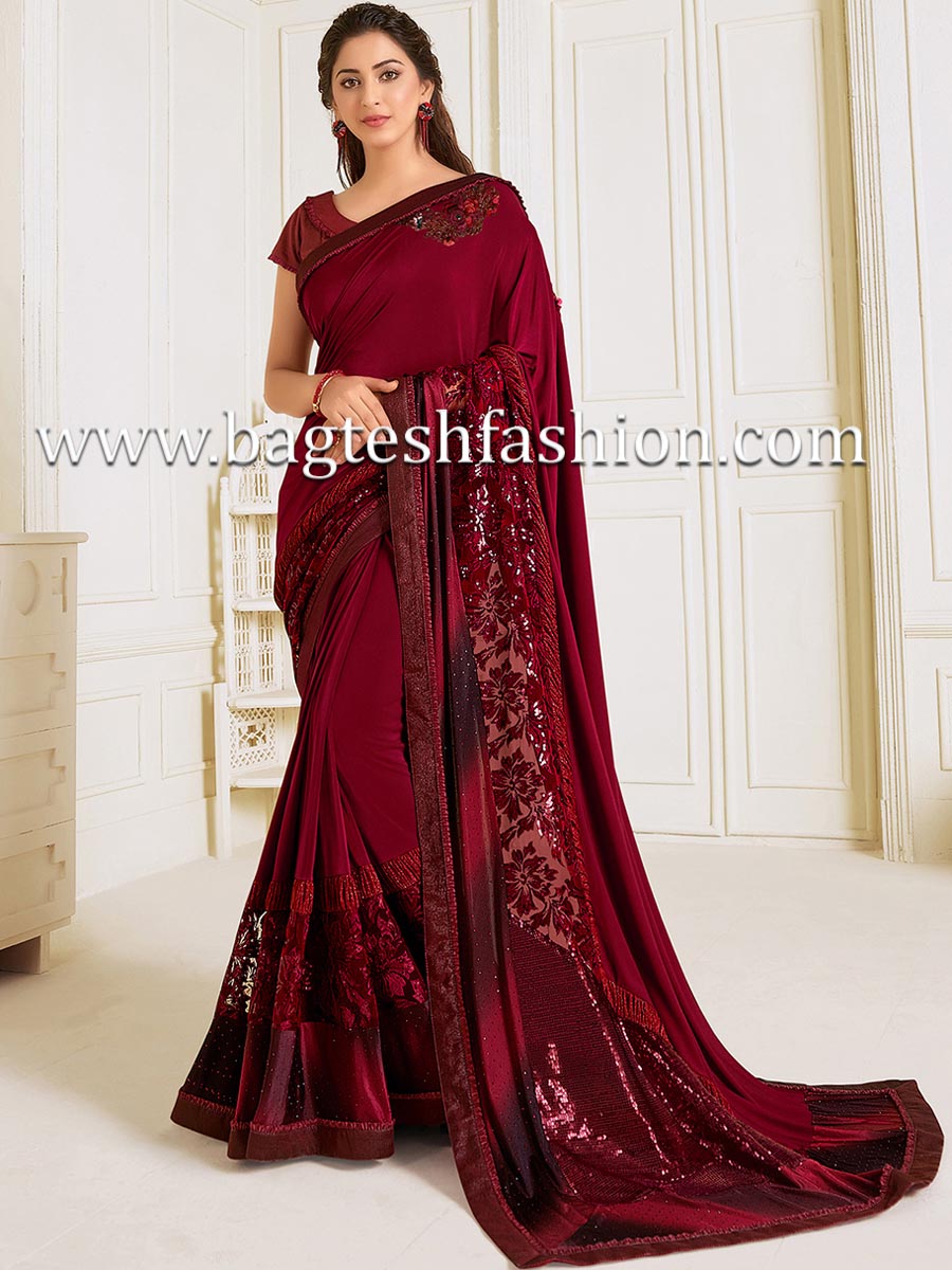 Glamour Style Lycra Maroon Bridal Saree Online | Bagtesh Fashion
