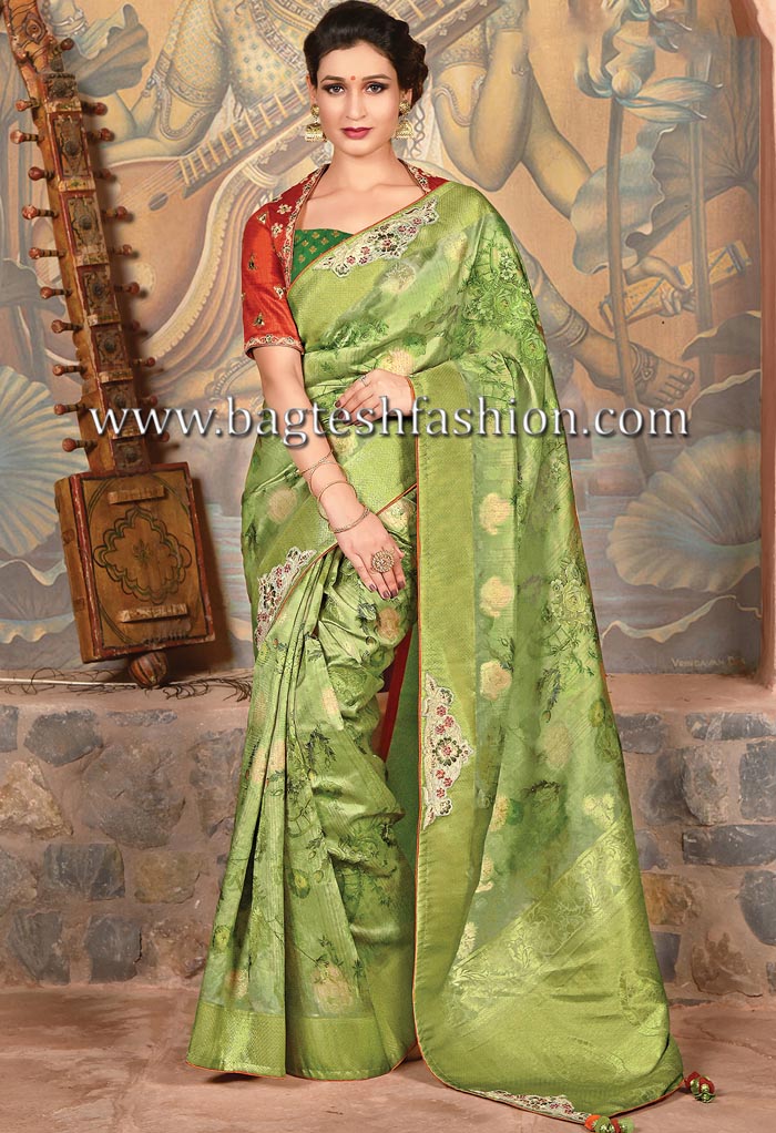 Party Wear Printed Silk Wedding Green Saree