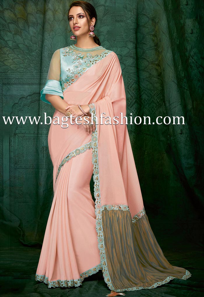 Designer Silk Chiffon Peach Bridal Saree
