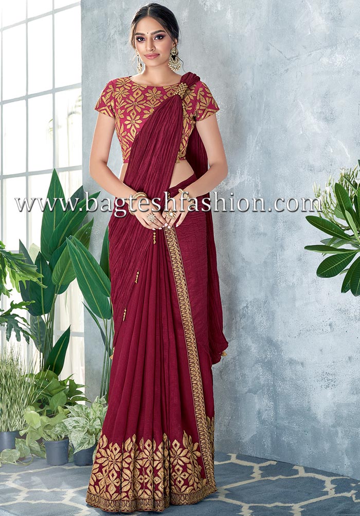 Maroon Silk and Net Lehenga Style Sari