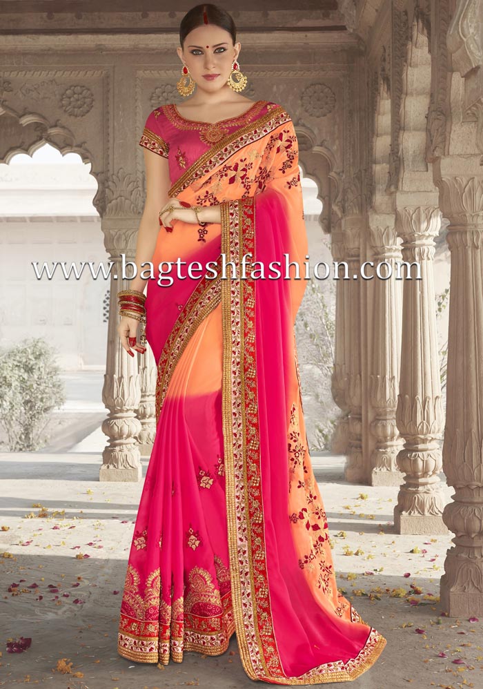 Miraculous Peach And Pink Georgette Saree