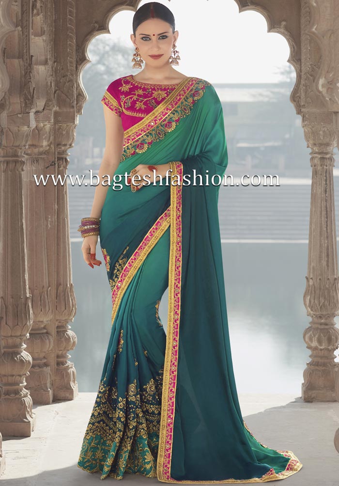 Shaded Teal Green Silk Georgette Saree