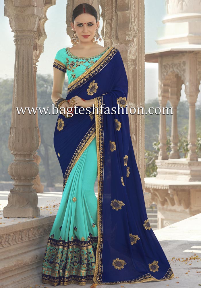 Sizzling Blue And Turquoise Georgette Saree