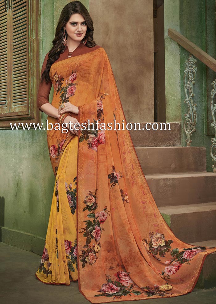 Printed Georgette Yellow and Orange Party Wear Saree