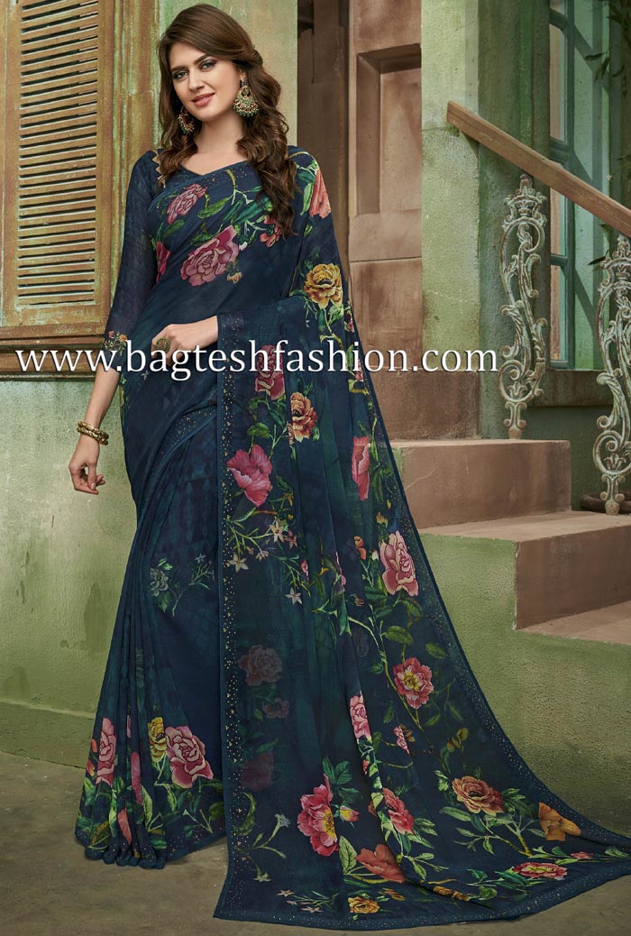 Navy Blue Printed Georgette Party Wear Saree
