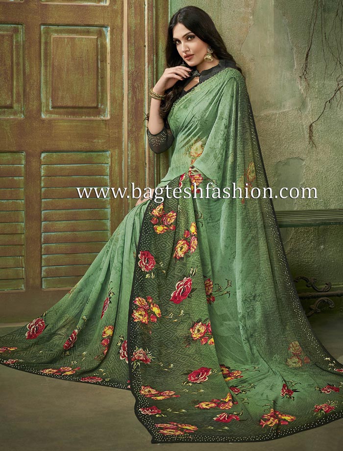 Forest Green Printed Georgette Party Wear Saree