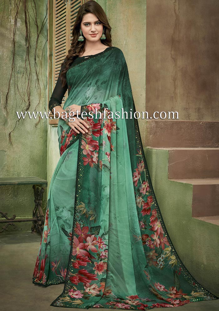 Printed Georgette Green Party Wear Saree