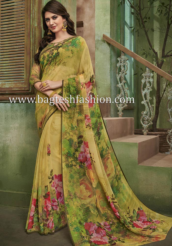 Printed Georgette Yellow Party Wear Saree
