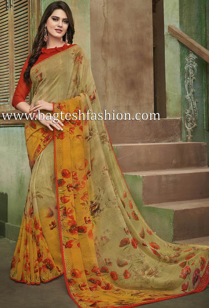 Yellow Green Printed Georgette Party Wear Saree