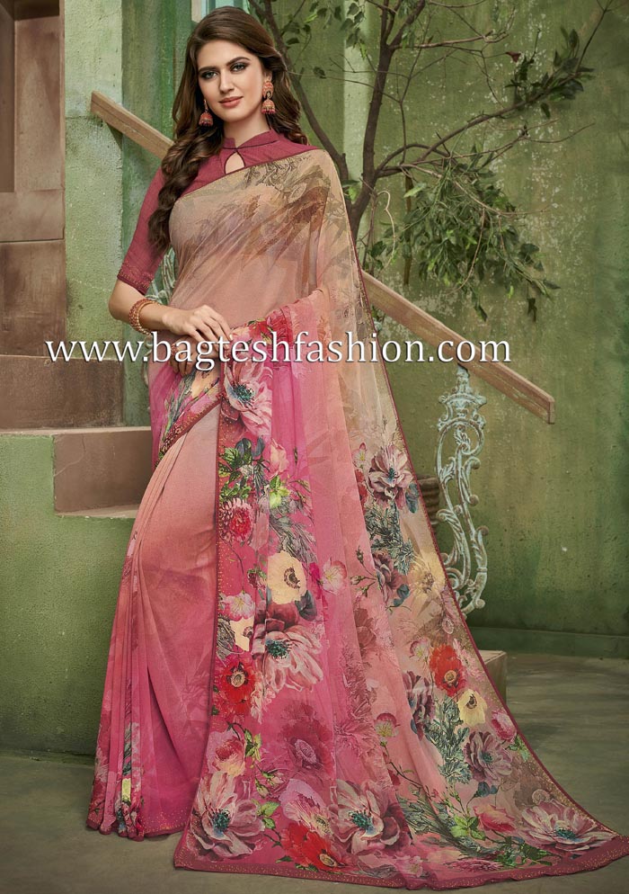 Shaded Pink Printed Georgette Party Wear Saree