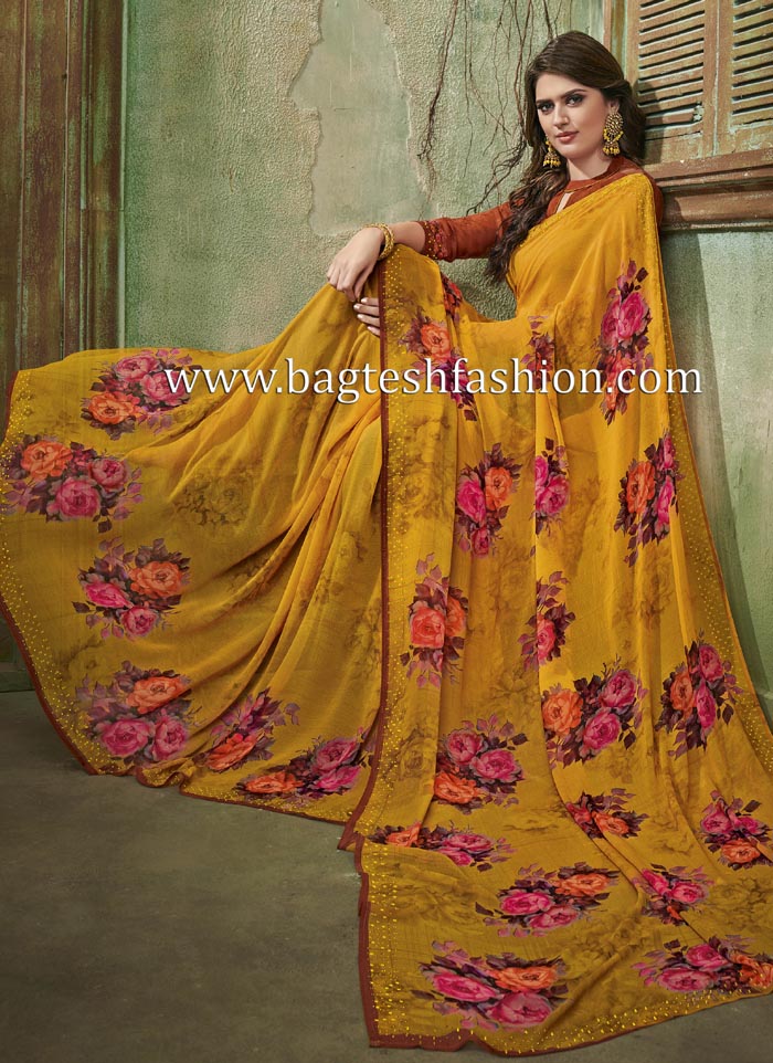 Yellow Printed Georgette Party Wear Saree