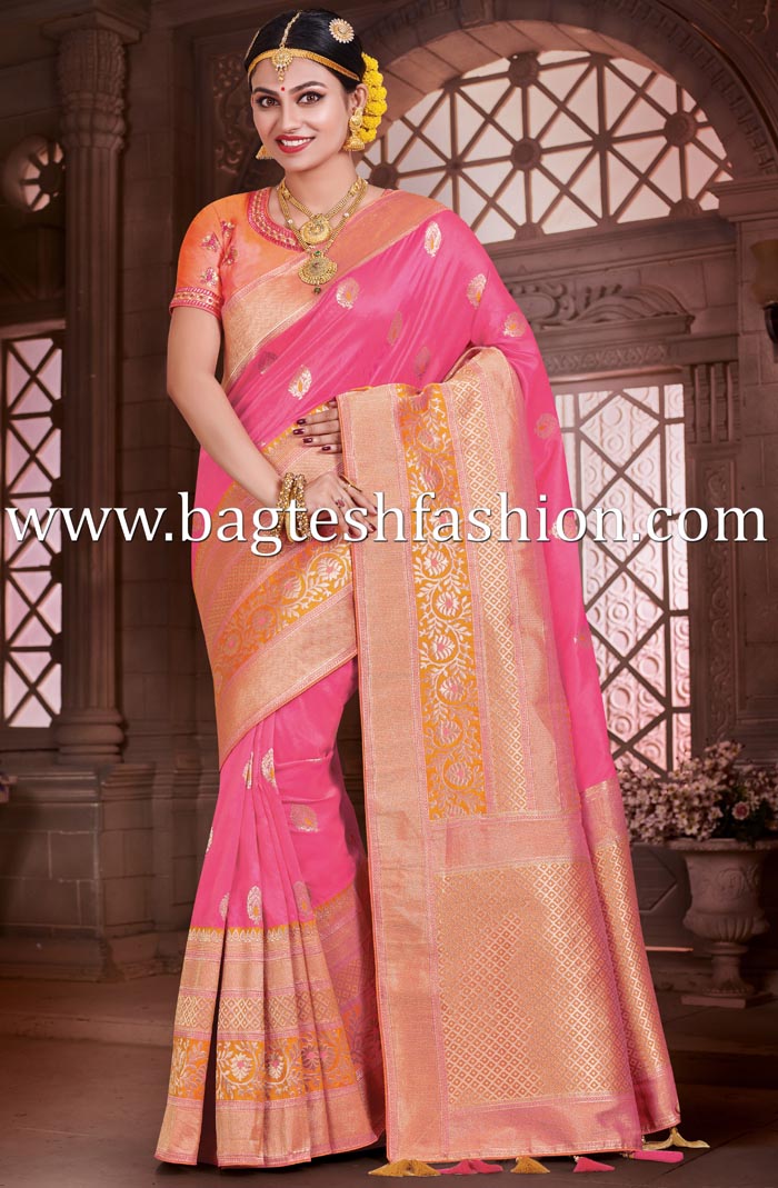 Hot Pink And Golden Banarasi Saree