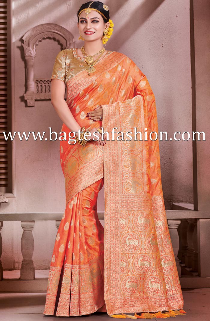 Buy Naeusa Designer Half & Half (Patli) Banarasi Satin Silk Saree (Orange)  Colour with Blouse for Womens Online at Best Prices in India - JioMart.