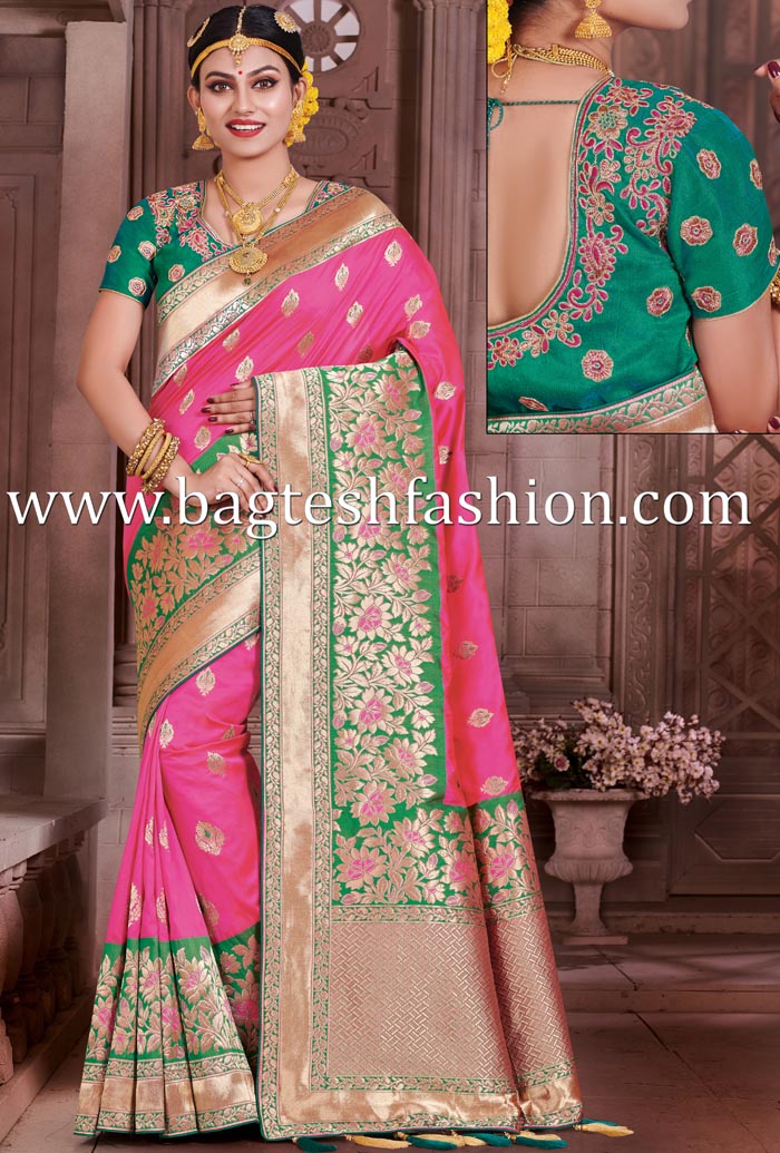 Hot Pink And Green Banarasi Saree