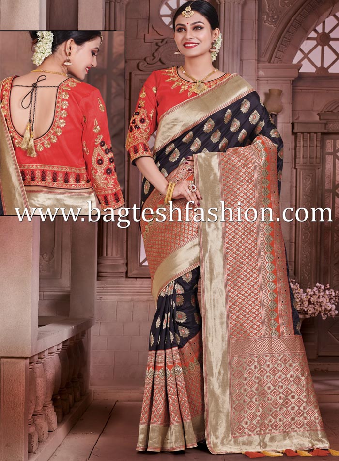Stylish Black And Golden Banarasi Saree Online | Bagtesh Fashion