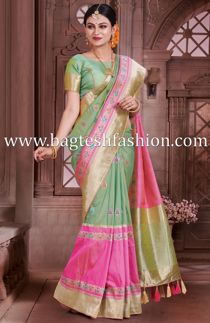 Marvelous Green And Pink Banarasi Saree