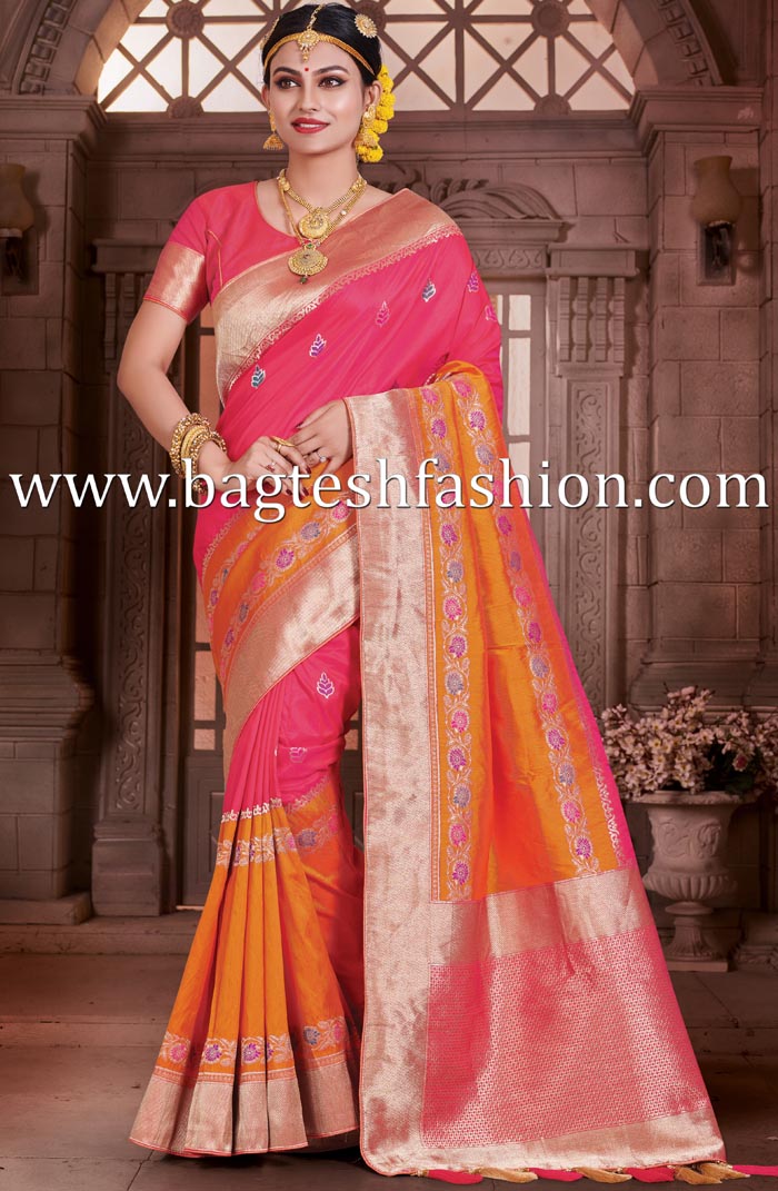 Rani Pink And Orange Banarasi Saree