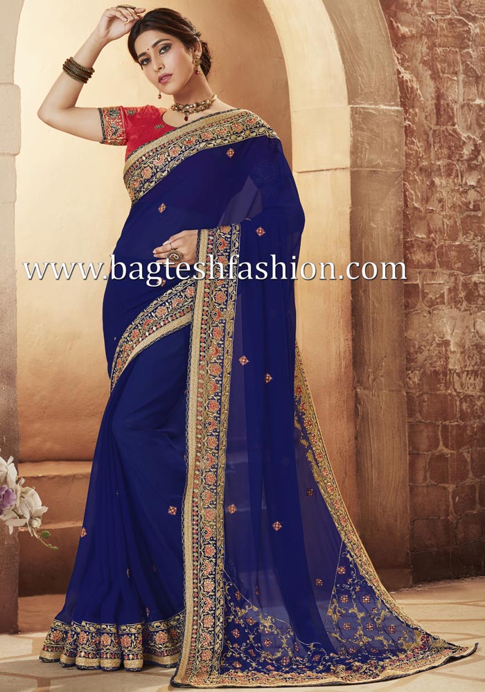 Navy Blue Wedding Wear Pure Silk Saree