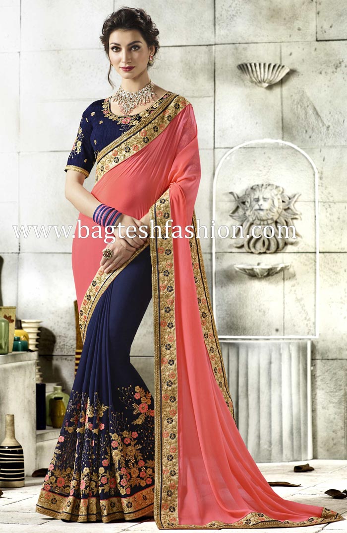 Exotic Navy Blue And Pink Georgette And Chiffon Saree