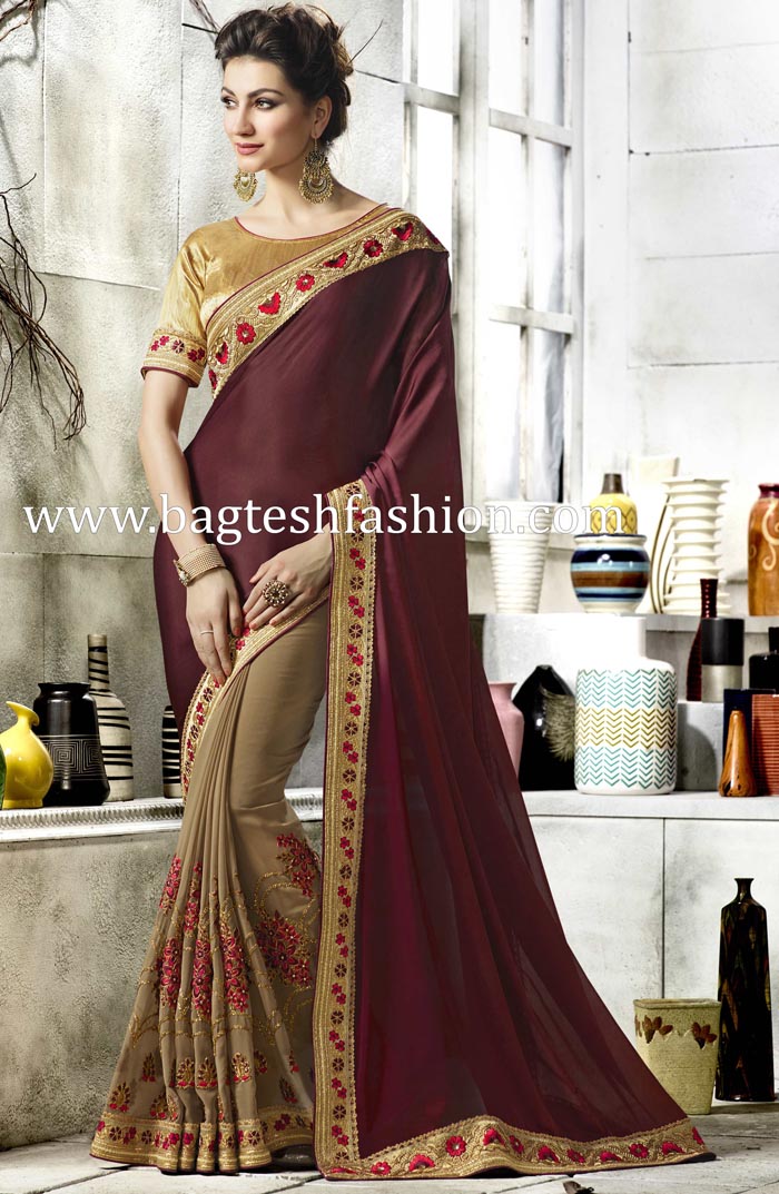 Gorgeous Maroon And Beige Georgette And Silk Saree