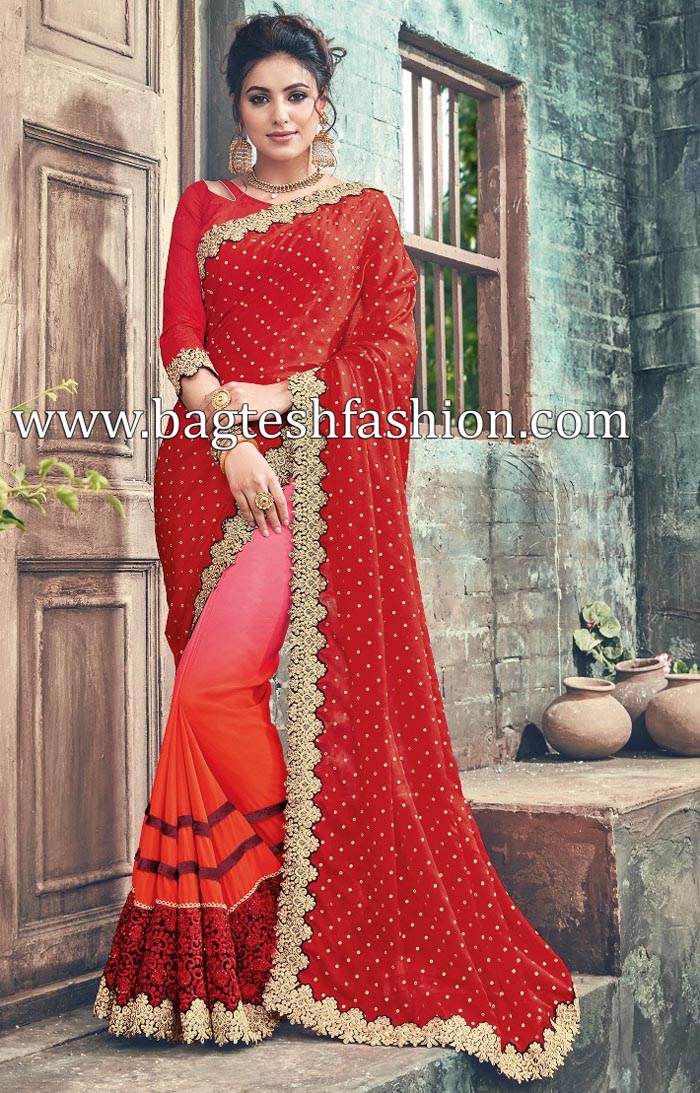 Charming Red And Orange Georgette Saree