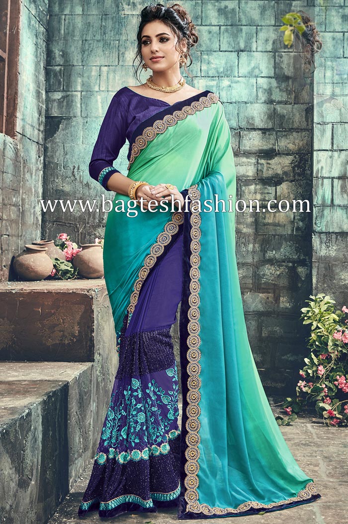 Charismatic Blue And Green Georgette And Net Saree
