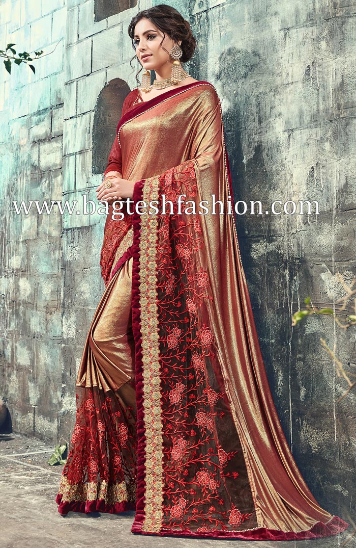 Amazing Golden And Red Designer Saree