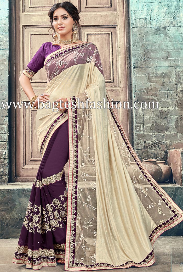 Classic Cream And Purple Half N Half Sari
