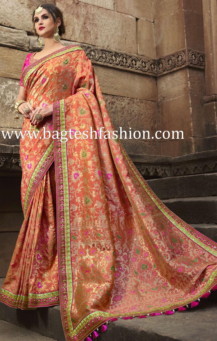 Stylish Pink Orange Banarasi Silk Saree